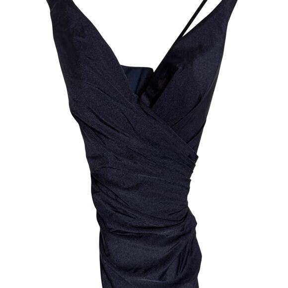 La Femme Navy Ruched Jersey V-Neck Slit Formal Gown Dress Tie Up Back Size 0 - Picture 4 of 9